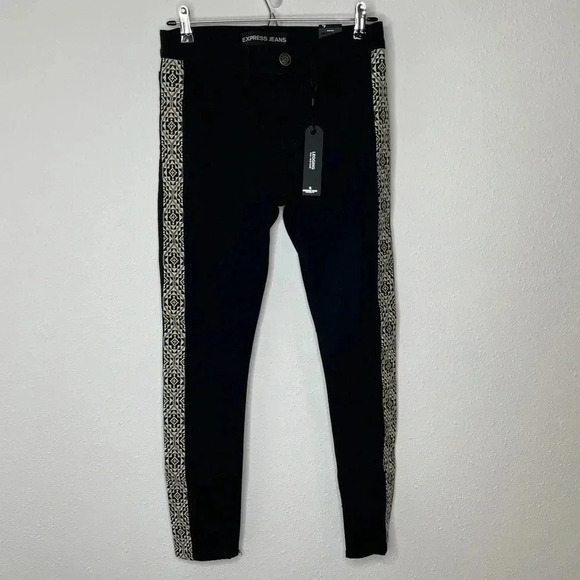 NWT EXPRESS Womens Black Mia Mid Rise Legging Jeans Size 4S Side Print Dark Wash - Picture 1 of 11